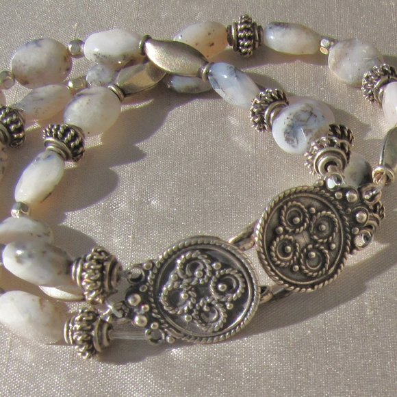 NWT 7" Pink Opal & Bali Silver Triple-Stranded Artisan Bracelet - Picture 4 of 9